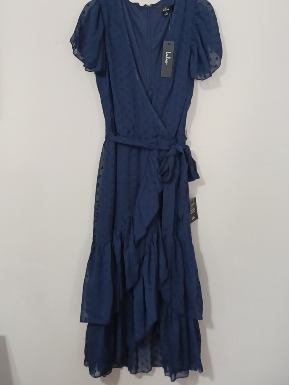 Lulu's Navy Blue Have Harmony Swiss Dot Ruffles Wrap Midi Dress . NWT. Size S - Picture 2 of 13